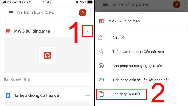 Vào Drive, bạn chọn biểu tượng ba chấm bên góc phải của file ghi âm > Chọn Sao chép liên kết.